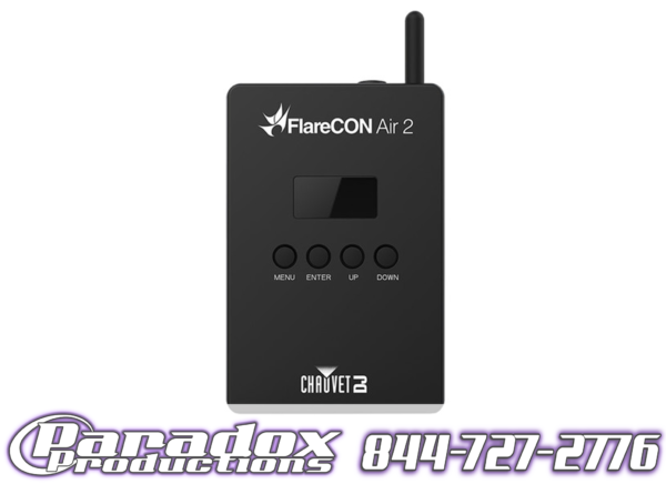 The Chauvet FlareCON Air 2, sporting the Paradox Productions logo and phone number, is a versatile wireless lighting controller with four intuitive buttons, making it an essential tool for seamless lighting control.