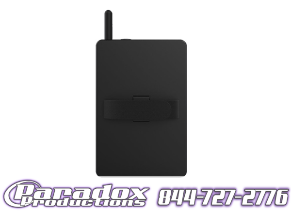 Black electronic device featuring an antenna and central strap for seamless lighting control, displaying Paradox Productions' purple logo and phone number at the bottom, compatible with Chauvet Flarecon technology.