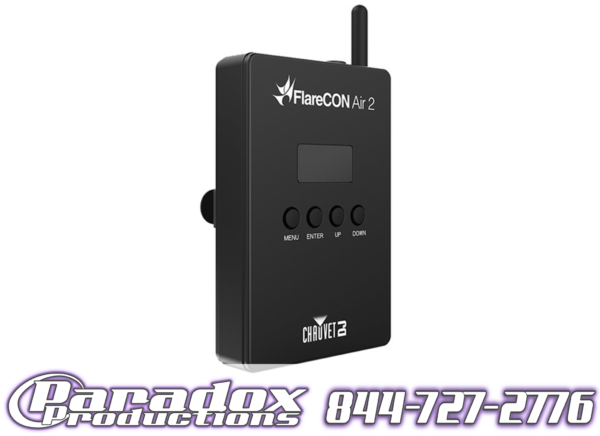 The Chauvet Flarecon, with four buttons and a small screen, displays the "Chauvet DJ" logo. It offers seamless lighting control and features the Paradox Productions' logo and phone number below.