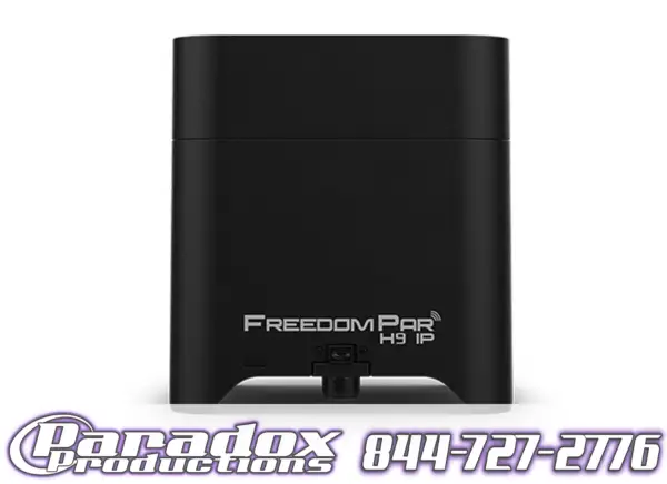 The sleek black Freedom Par H9 IP light by Paradox Productions boasts advanced features. For inquiries, call 844-727-2776. Pair it with the Chauvet Flarecon for enhanced control and performance.