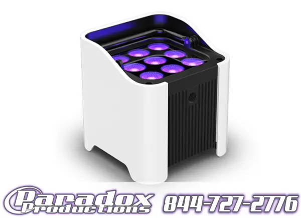 The Chauvet Flarecon is a small electronic device with a white casing featuring multiple purple LEDs. "Paradox Productions" and a phone number are displayed prominently at the bottom in matching purple text.