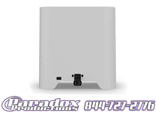 A white Chauvet Flarecon speaker with a rear connector is set against a plain background. The "Paradox Productions" logo and phone number 844-727-2776 are displayed at the bottom, with stylish Chauvet lighting accents enhancing its sleek design.