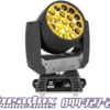 A moving head light with yellow lights on it.
