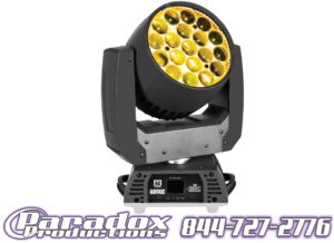 A moving head light with yellow lights on it.