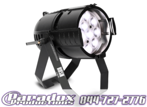A black stage light with a white background.