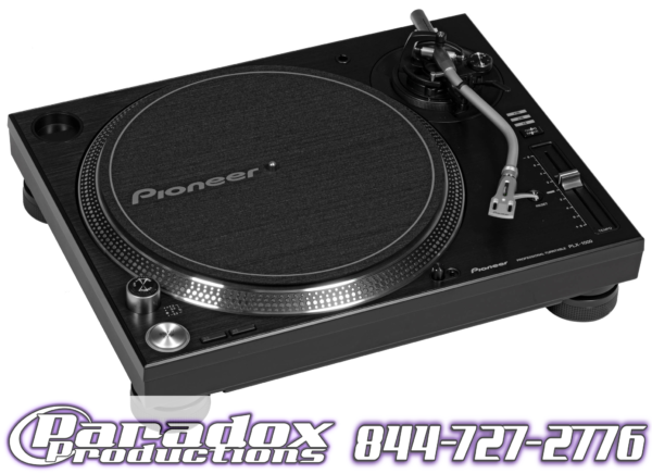 A Pioneer PLX1000 Turntable with a logo.