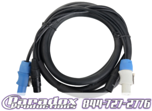 A Powercon DMX Combo Cable with a black and blue color scheme.