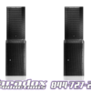 A pair of black speakers on a white background.