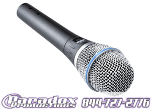 A microphone with a logo on it.