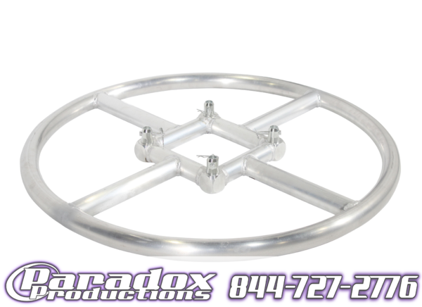 A circular plate formed by a truss of four metal bars.