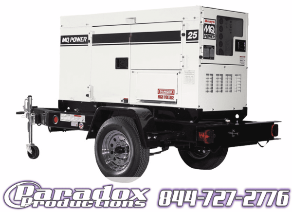 A high-powered 25000w Generator boasting the branding of Paradox Productions, conveniently mounted on a trailer for easy transportation.