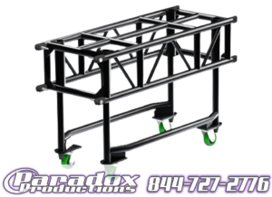A black truss stand with green wheels, Tyler GT Plus 5'.