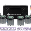 Professional 6 Pack ADJ Element H6 Battery Uplights stage lighting equipment with a flight case and a remote control.