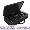 Black carrying case with custom foam inserts holding various equipment including a Chauvet Battery Pinspot 4 Pack, featuring the logo of Paradox Productions.