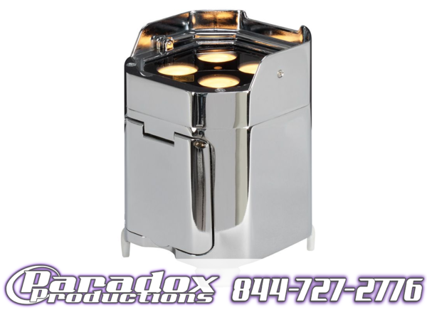 Stainless steel urn with four lit dispensing areas, branded with "paradox productions" logo and contact number, illuminated by ADJ Element H6 Battery Uplights 6 Pack.