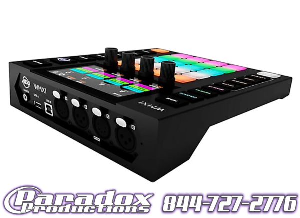 Black audio mixer featuring vibrant pads and an array of knobs, complete with a lighting controller function. The text "Paradox Productions" along with a phone number is displayed at the bottom. Ideal for integrating with your ADJ Wolfmix MK2 setup.