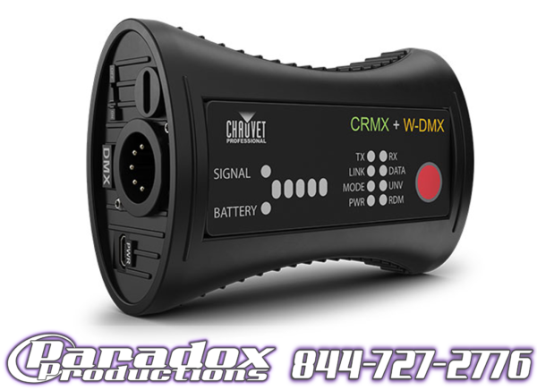 A sleek black Chauvet Professional device, featuring intuitive control buttons and a DMX input, stands ready for any lighting task. The Paradox Productions logo and phone number are elegantly displayed at the bottom. Perfectly compatible with innovative technologies like the W-DMX Micro T-1 TRX G6.