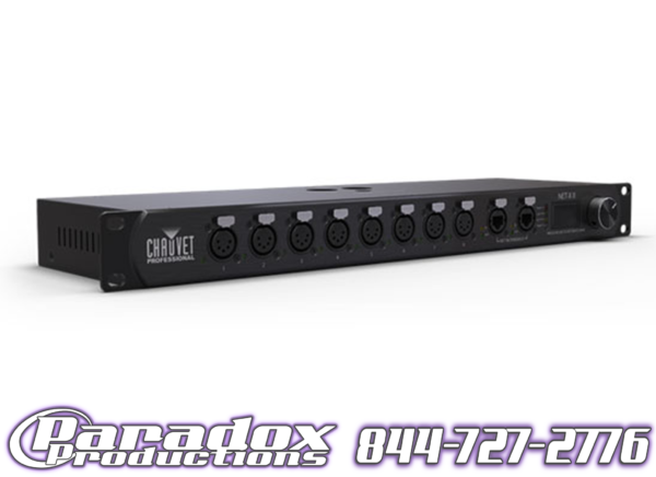 A black rack-mounted DMX splitter/distributor featuring multiple ports and branded "Chauvet Net-X 2," compatible with the Net-X 2 lighting console. The image also includes the text "Paradox Productions" and a phone number.