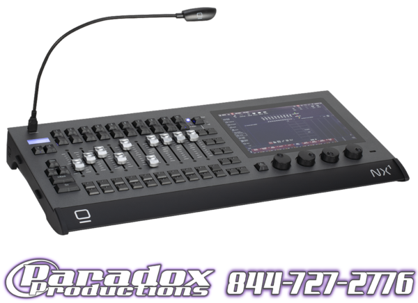 The Onyx NX1 lighting control console in black features sliders, knobs, and a screen that shows various settings. It includes an attached microphone for smooth coordination. Below the console, the Paradox Productions logo and phone number are prominently displayed for convenient access to professional support.