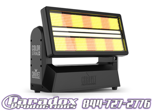 The Chauvet Color Strike-M light is highlighted, with Paradox Productions' logo and contact number elegantly shown beneath.