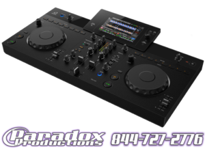 AlphaTheta XDJ-AN DJ controller with a central display, multiple knobs, faders, and jog wheels. “Paradox Productions” and contact info appear below.